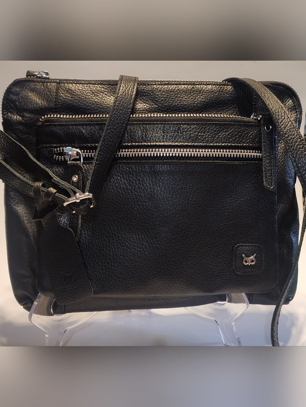 Wise Owl Black Leather Crossbody Shoulder Bag